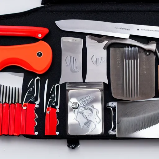 Image similar to typical 0 0 7 torture kit with blades, plyers, dental knives, razors, kit