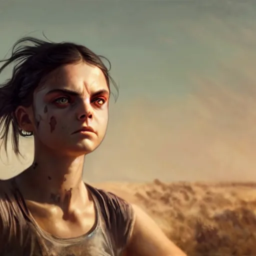 Image similar to dafne keen, mad max, cinematic shot, 8 k, art by artgerm and greg rutkowski and alphonse mucha