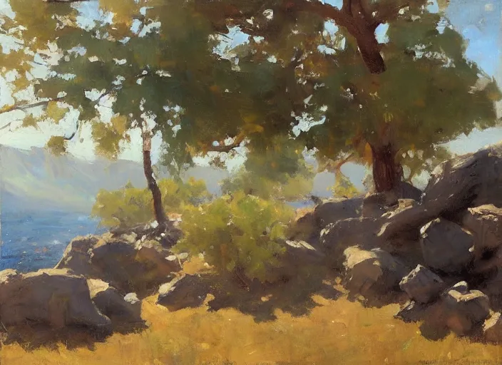 Image similar to some trees and rocks by ilya ostroukhov and gregory manchess, deviantart, figurative art, oil on canvas, impressionism, painterly