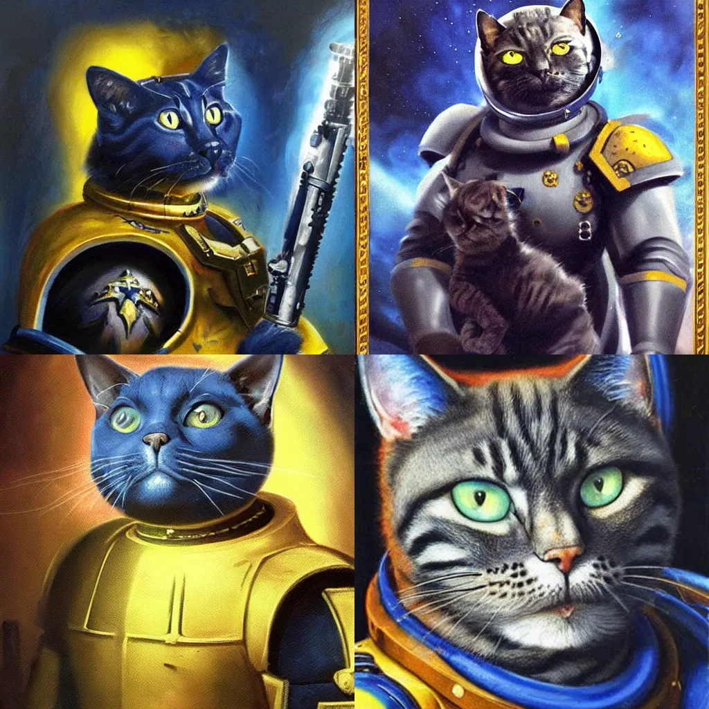 Prompt: a portrait of a cat as a Space Marine from the Warhammer 40k, ultramarine space marine cat, glorious, cinematic, realistic lighting, masterpiece painting by Rembrandt