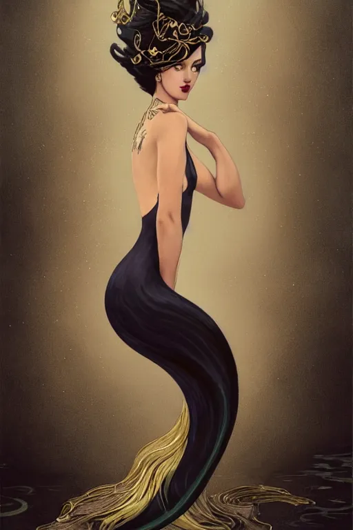 Prompt: a beautiful dark androgynous mermaid, pinup pose, long hair, tall and thin, wearing dozens of pendants and a gown of gold, small delicate crown of the sea on her head, illustration, dramatic lighting, soft details, painting oil on canvas, (art nouveau), octane render, HDR, 4k, 8k, HD, by Brom, Charlie Bowater, (j.c. Leyendecker), faces by otto schmidt