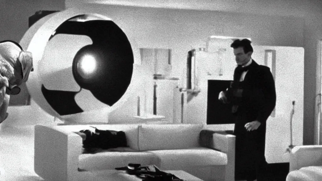 Image similar to an mri image of james cavell in the living room, film still from the movie directed by denis villeneuve with art direction by salvador dali, wide lens