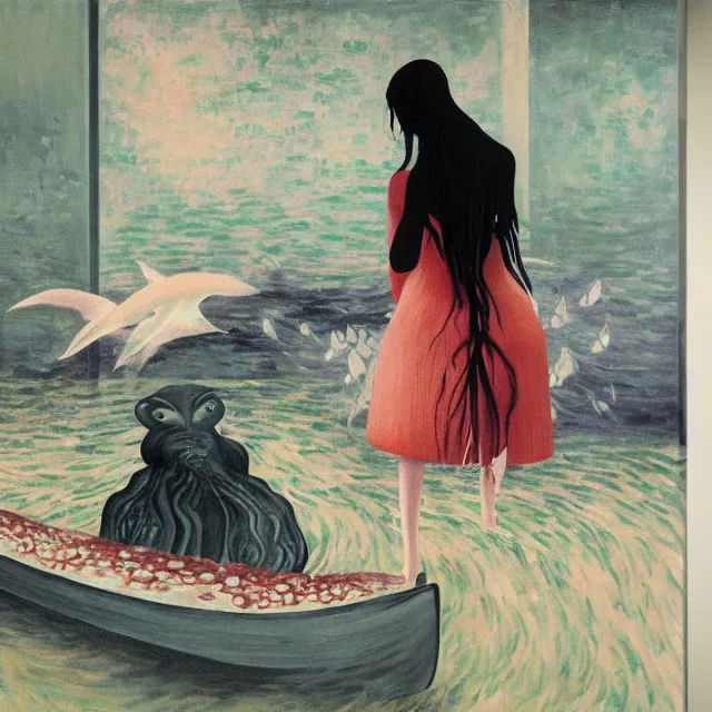 Image similar to tall emo female artist holding a large fish in her flooded kitchen, pomegranates, octopus, water gushing from ceiling, painting of flood waters inside an artist's apartment, a river flooding indoors, ikebana, zen, rapids, waterfall, black swans, canoe, berries, acrylic on canvas, surrealist, by magritte and monet