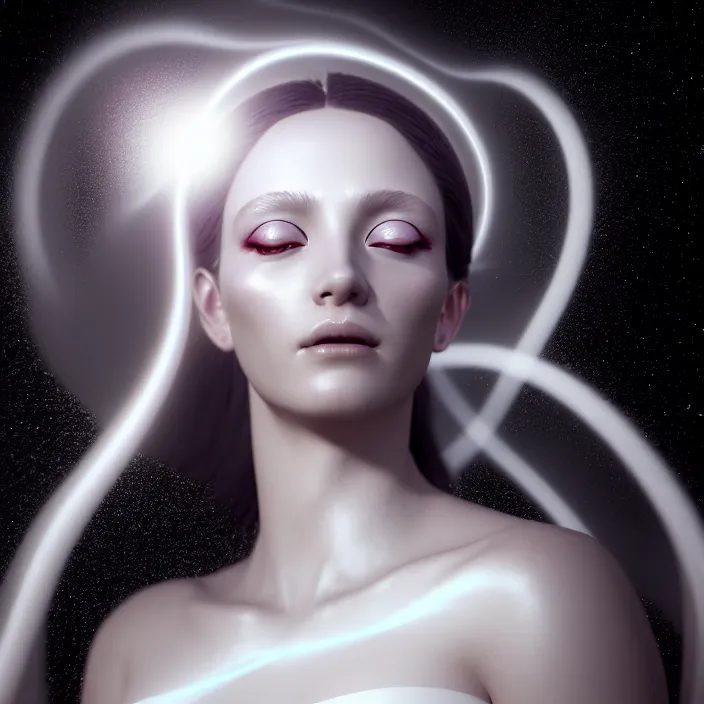 Image similar to a beautiful female goddess portrait, in a flowing white gown, entwined by light frequencies and wiring, octane render, floating in the universe, surrounded by stars and black holes, darkly surreal, light shining through, hyper - realistic, highly detailed, sharp focus, smooth, intricate