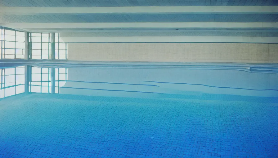 Prompt: 1 9 6 0 s movie still of empty blue tiles swimmingpool, cinestill 8 0 0 t 3 5 mm, high quality, heavy grain, high detail, panoramic, ultra wide lens, cinematic composition, dramatic light, flares, anamorphic, liminal space