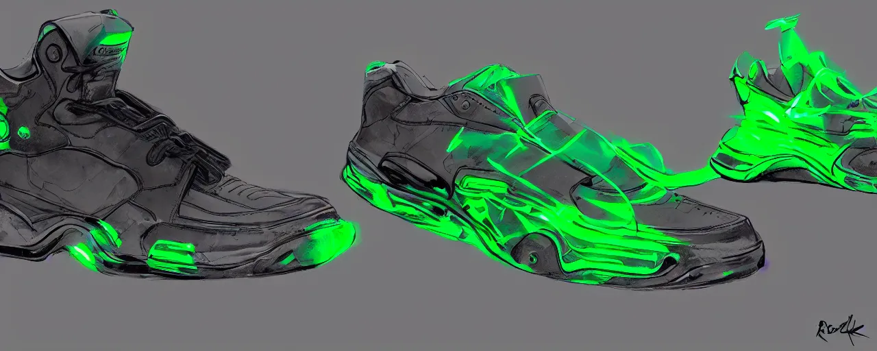 Image similar to looking at the side of a futuristic sneaker from Rebok, art by Gerald Parel, trending on Artstation, hightop, black and white, leather, suede, chrome, green neon, green lasers, photorealism, hyperrealism artstation