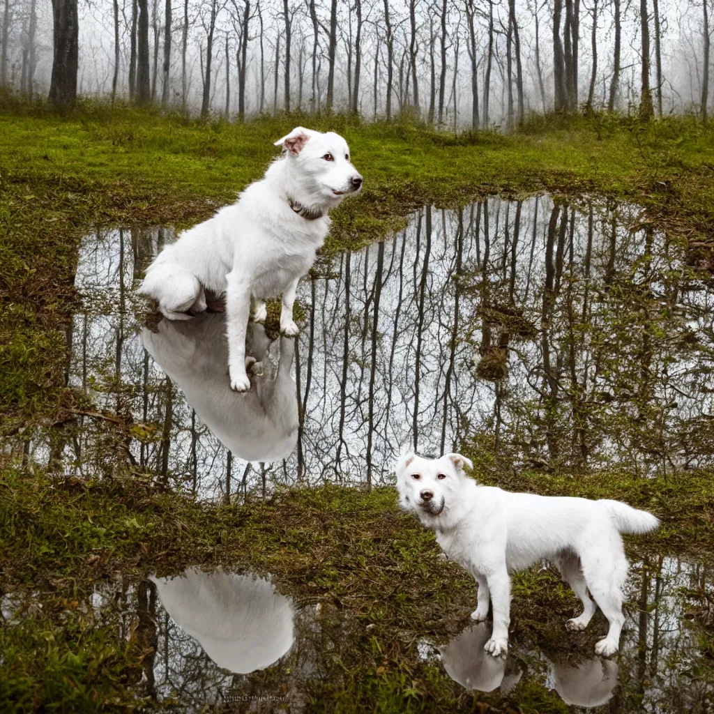 Prompt: white siberian laika dog, with reflection in the puddle, foggy old forest, very detailed, 4 k, professional photography