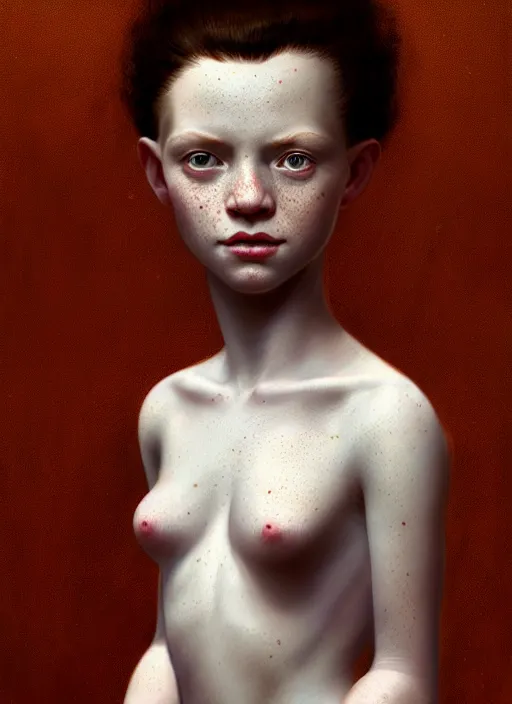 Prompt: portrait of an albino girl, freckles, no hair, serious, 1 9 5 0 s, intricate, elegant, glowing lights, highly detailed, digital painting, artstation, concept art, smooth, sharp focus, illustration, art by wlop, mars ravelo and greg rutkowski