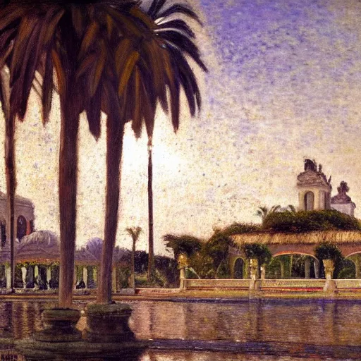 Prompt: a ultradetailed beautiful painting of the night on the amazonas palace by jules bastien - lepage, hans belmer, frank weston and gustave baumann, trending on artstation, mediterranean, palm trees, light sparkles, sharp focus, soft light, 8 k 4 k