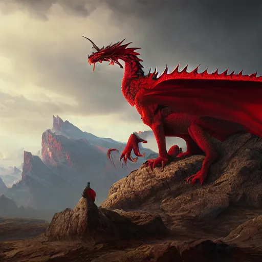 Prompt: a giant red dragon sitting on blizzardy mountains, Matte painting , detailed painting, made by Greg Rutkowski, 4k resolution, atmospheric, extremely high detail