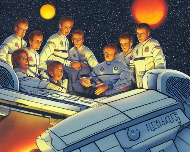 Image similar to an illustration of the crew of a spaceship are huddled over a glowing console, by barclay shaw