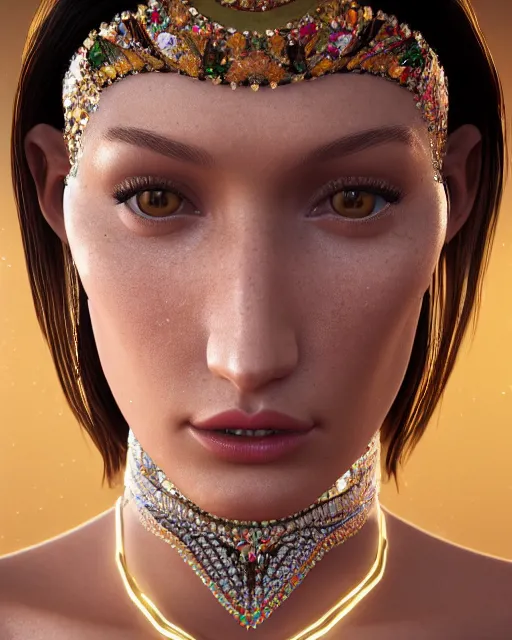 Image similar to a highly detailed metahuman 8 k close up render of bella hadid in gustav klimt style in diamonds crystals swarovski and jewelry on artstation made in unreal engine 4