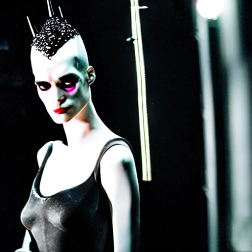 Image similar to cinematic portrait of model kristen mcmenamy as bride of frankenstein as a replicant in a busy nightclub, frightened and angry, still from the movie ex machina, fashion photography, a neon sign is in the background