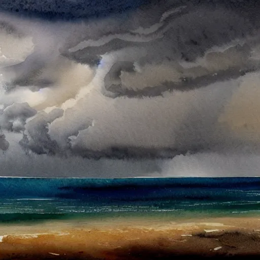 Prompt: a watercolor landscape panorama of a cozy seaside village with a menacing storm cloud on the ocean horizon, highly detailed, masterpiece, very very aesthetic, by anthony micallef