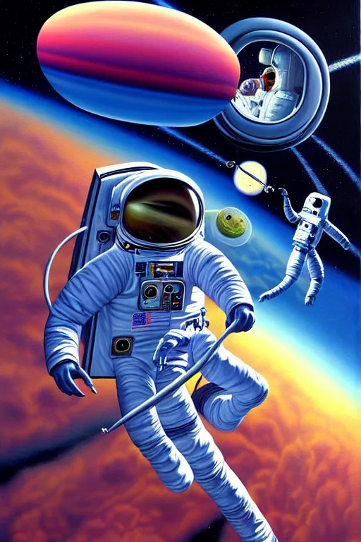 Prompt: a hyperrealistic painting of an astronaut being pulled into the vacuum of space. cinematic horror by jimmy alonzo, the art of skinner, chris cunningham, lisa frank, richard corben, highly detailed, vivid color,