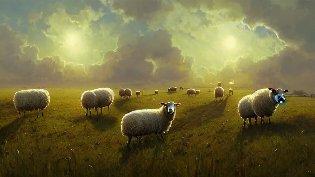 Image similar to sheep in a field being abducted by aliens, highly detailed, digital painting, artstation, concept art, smooth, sharp focus, illustration, art by simon bisley and greg rutkowski and alphonse mucha