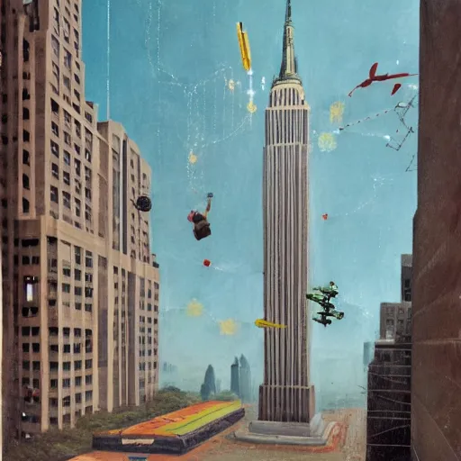 Image similar to Santa buzzing/flying past the empire state building whilst wearing his jetpack neil welliver robert rauschenberg greg rutkowski barnett newman giorgio de chirico simon stalenhag