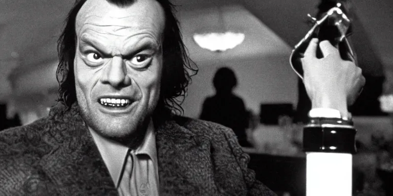 Image similar to photorealistic wide profile master shot cinematography of the character jack torrance played by jack nicholson from stanley kubrick's 1 9 8 0 film the shining sitting at the overlook hotel's gold ballroom bar starring right at the camera shot on 3 5 mm eastman 5 2 4 7 film by the shining cinematographer john alcott on a 1 8 mm cooke panchro lens.