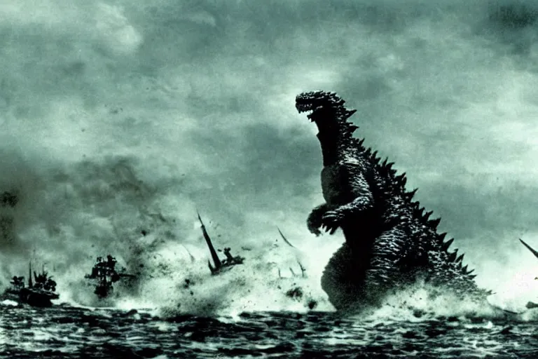 Image similar to film still godzilla!!! storming the beach of normandy in saving private ryan