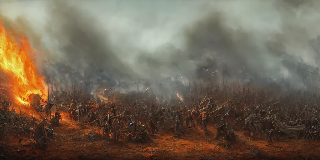 Image similar to painting of the battleground, the corpses of knights lie, a small fire blazes in the distance, epic artwork, atmospheric light, muted tones, by Evgeny Botvinnik