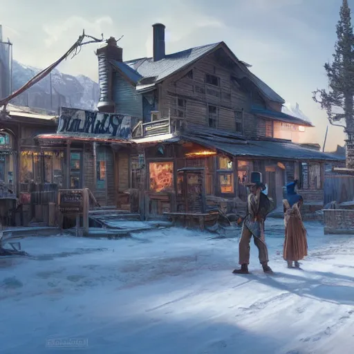 Image similar to painting of an wildwest town, snow, ultra realistic, concept art, intricate details, eerie, highly detailed, fallout, wasteland, photorealistic, octane render, 8 k, unreal engine 5. art by artgerm and greg rutkowski and alphonse mucha