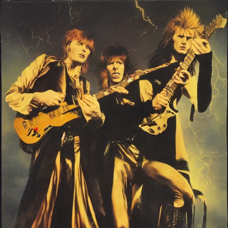 Prompt: Pre-Raphaelite portrait of 1970s David Bowie, ziggy stardust playing flying V guitar, single lightning strike in background. Flash Gorden