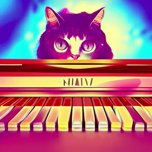 Prompt: A cat playing a piano in a synthwave style, digital art