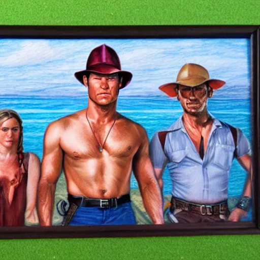 Image similar to dexter Morgan, Indiana jones, and artist formerly known as prince go to the beach, portrait, highly detailed, colored pencil