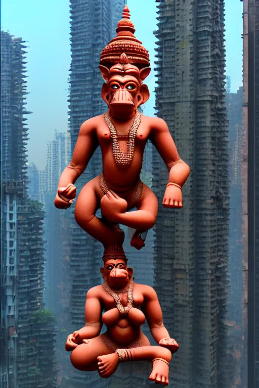 Prompt: high quality 3 d cyberpunk biomorphic hanuman! monument & buildings in mumbai!!, highly detailed, cinematic smooth, berenice abbott & john j. park, soft morning light, wide shot, high angle, uhd 8 k, sharp focus