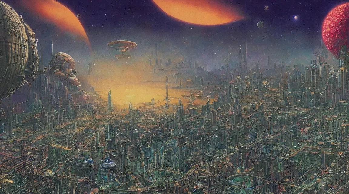 Prompt: alien utopian city by Moebius by Jim Burns, by Danny Flynn by David A. Hardy by Thomas Kinkade, detailed matte painting, Outer space ufo dark space colorful color scheme,