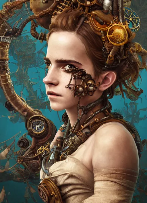 Prompt: underwater steampunk pirate biopunk portrait of emma watson, hyper detailed, digital art, cinematic lighting, studio quality, smooth render, unreal engine 5, octane rendered, art style by klimt and nixeu and ian sprigger and wlop and krenz cushart.