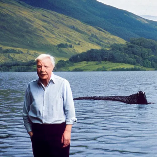 Image similar to Sir David Attenborough at a lake, looking at the Loch Ness Monster Nessie