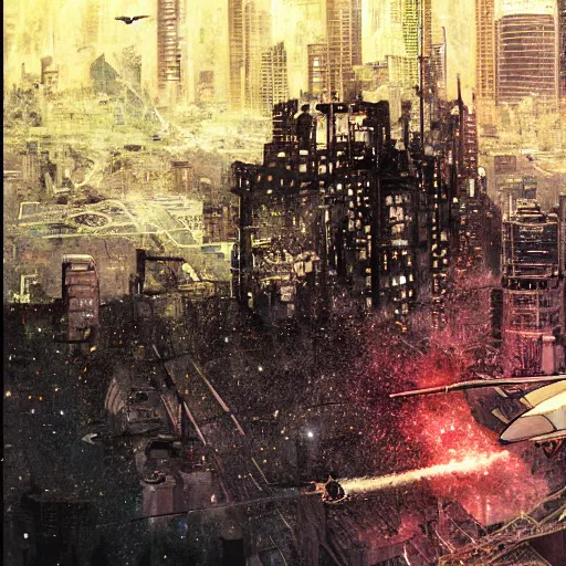 Image similar to a full - metal irisdiscent hindenburg accident, santiago of chile skyline, andes, the city is on pixeled fire from a fragmented wired reality, game poster by yoji shinkawa, esao andrews, yoshitaka amano and ryuichi sakamoto