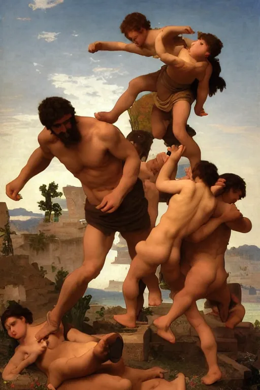 Prompt: battling Spartans against Cyclops in the style of  William Adolphe Bouguereau