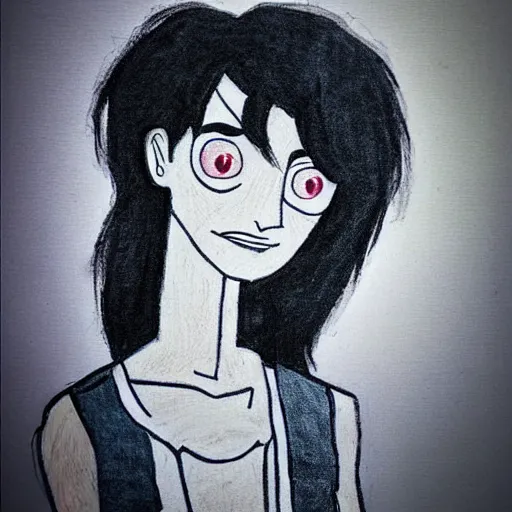 Image similar to young man portrait, black hair, skinny, sleep deprived, corpse bride art style