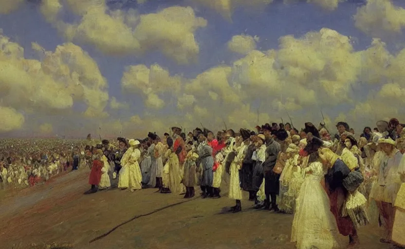 Image similar to high quality high detail painting by ilya repin, a long row of people standing in the clouds, hd