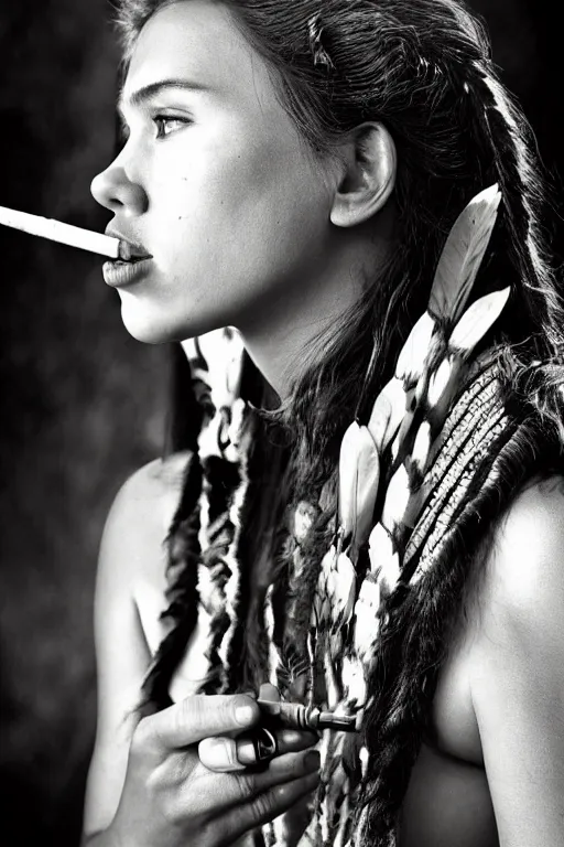 Image similar to photo of a beautiful native american indian woman, scarlett johansson smoking a pipe of peace, portrait, skilled warrior of the apache, ancient, realistic, detailed