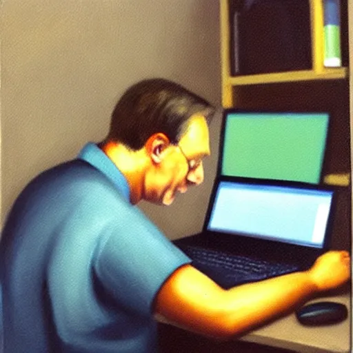 Prompt: viktor orban computer programming in a cubicle, oil painting