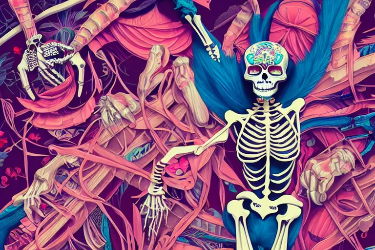 Image similar to skeleton fashion show, victoria's secret, tristan eaton, victo ngai, artgerm, rhads, ross draws