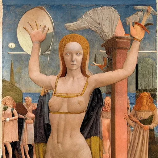 Image similar to half - length portrait of beautiful witch circe in the odyssey, art by piero della francesca, giotto, leonardo da vinci, moebius