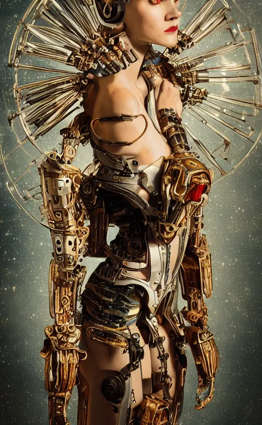 Prompt: the stunning young cyborg muse, piercing glowing eyes, fashion ornate royal armor, striking composition, highly detailed ornate sci fi background, vogue poses, striking composition, vivid details, wires, glowing tubes, beautiful composition, mural in the style of sandro botticelli, caravaggio, albrecth durer, 8k