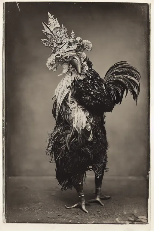 Prompt: a wet plate photo of an anthropomorphic rooster king, wearing a crown, wearing a robe