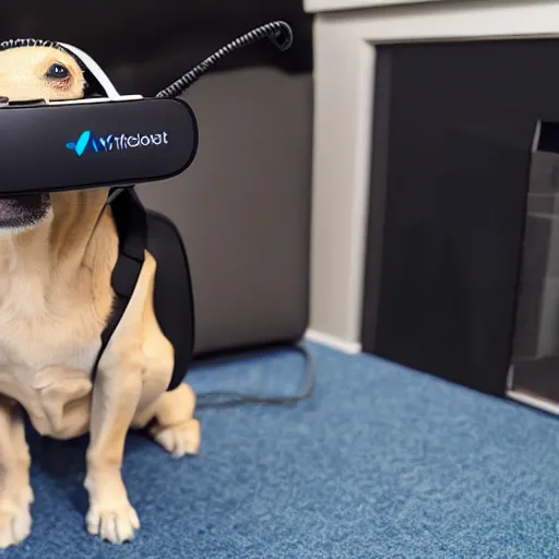 Image similar to a dog wearing a vr headset, high - res, detailed