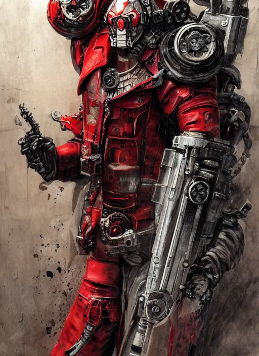 Image similar to portrait of rotten Nicolas Cage with respirator as adeptus mechanicus in red hood and robe from Warhammer 40000. Highly detailed, artstation, illustration by and John Blanche and zdislav beksinski and wayne barlowe