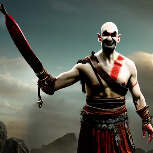 Image similar to mr. bean as kratos from god of war. movie still. cinematic lighting.