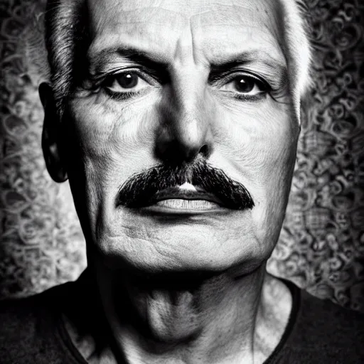 Image similar to old freddie mercury singer at age 9 0 years old, color ( sony a 7 r iv, symmetric balance, polarizing filter, photolab, lightroom, 4 k, dolby vision, photography award ), vogue, perfect face, movie poster