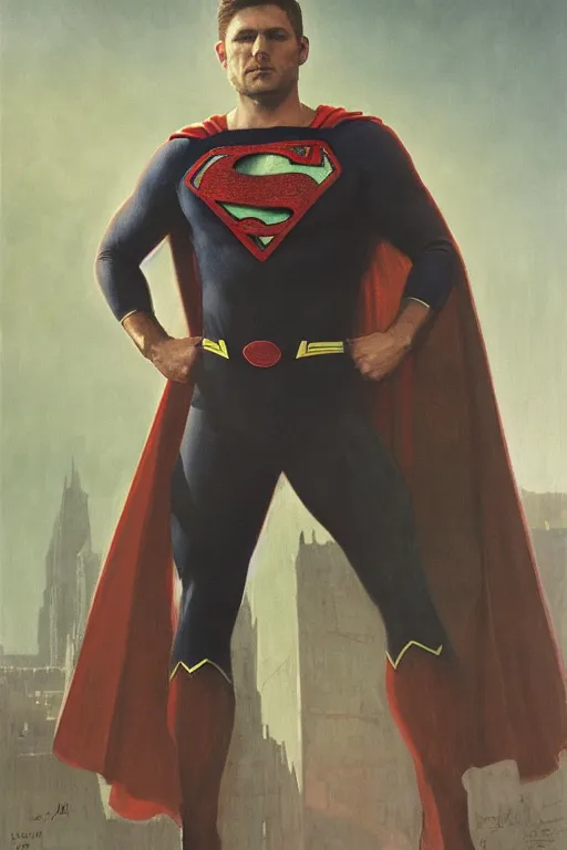 Image similar to a detailed matte portrait of an jensen ackles in dressed as superman, detailed face, very large longsword leaning against the side of a tavern, city streets, masterpiece, 8 k, art by donato giancola and greg rutkowski and wayne barlow and zdzisław beksinski