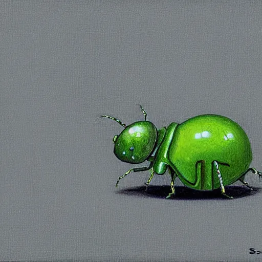 Prompt: A green beetle in a business suit working in a small grey cubicle, by Shaun Tan