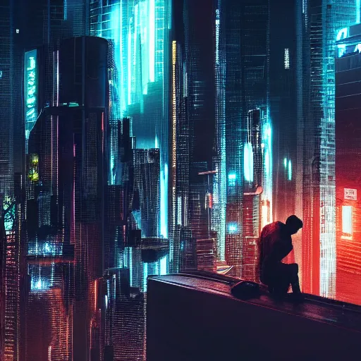 Image similar to shot of the man standing on the roof, looks at impressive cyberpunk city at night during great storm, nightscape, futuristic architecture, realistic photo, neons, blade runner, akira style, cinematic lighting, cinematic angles