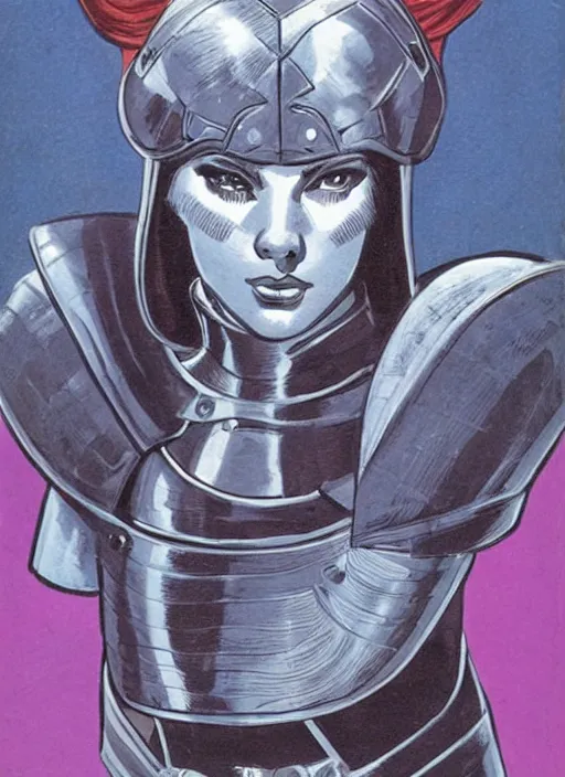 Image similar to head and shoulders portrait of a female knight. well composed, clean elegant painting, beautiful detailed face. comic book art by steve ditko and jack kirby